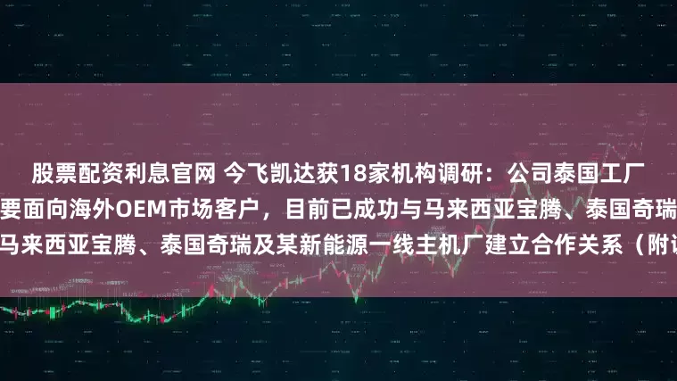 股票配资利息官网 今飞凯达获18家机构调研：公司泰国工厂二期预计于今年进行投产，主要面向海外OEM市场客户，目前已成功与马来西亚宝腾、泰国奇瑞及某新能源一线主机厂建立合作关系（附调研问答）